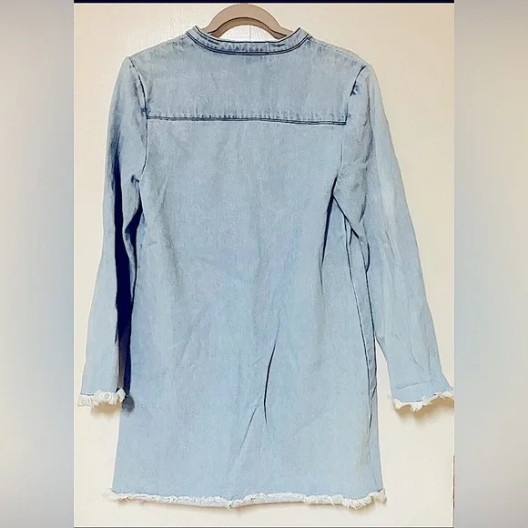 Sugar Lips Light Blue Denim Long Sleeve Mini Dress/Unfinished Hem/Tie Top/Size M - Picture 4 of 5